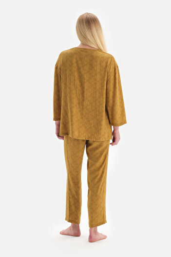 Dagi Mustard Long Sleeve Collar Jacquard Pajama Set