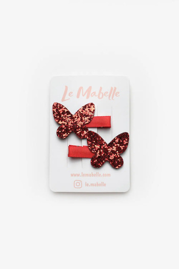 Le Mabelle Red Glittery Butterfly Figured 2-Piece Girl's Clip Buckle