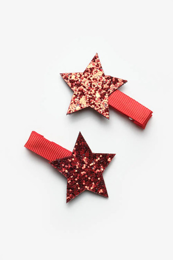 Le Mabelle Red Glitter Star Figured 2-Piece Girl's Clip Buckle