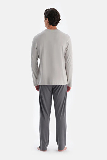 Dagi Light Gray Half Placket Long Sleeve Triple Pajamas Set
