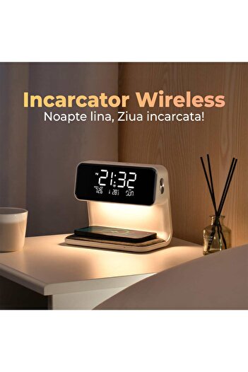Timebox Încărcător wireless, încărcare rapidă 10W, cu ceas digital și alarmă, cu lumină de noapte caldă, compatibil