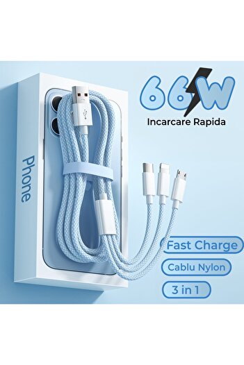 Timebox Cablu de date și încărcare rapidă, 3 în 1, QC 3.0, 66W, USB, Tip-C, Iluminare, Micro-USB, 2m, Albastru