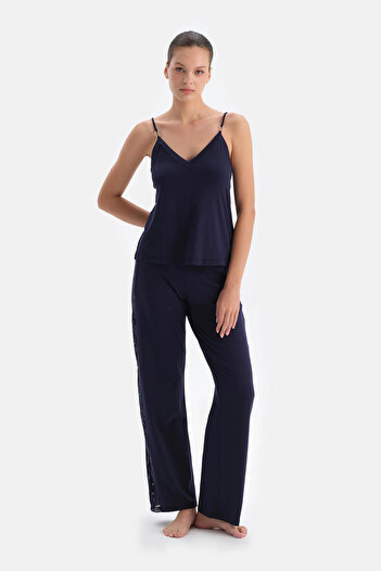 Dagi Navy Blue Side Lace Detailed Trousers