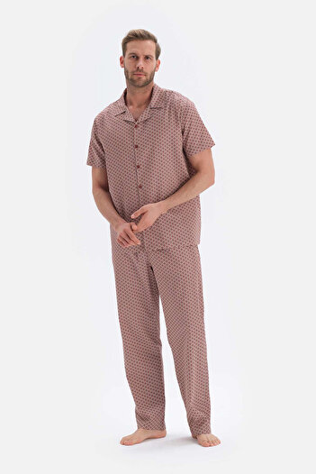Dagi Mixed Mixed Length Patterned Shirt Collar Woven Pajama Set