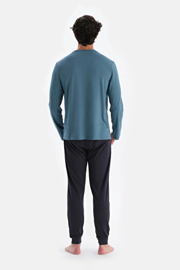 Eros Set de pijamale cu pantaloni de jogging cu mâneci lungi, cu jumătate de plăcuță albastră