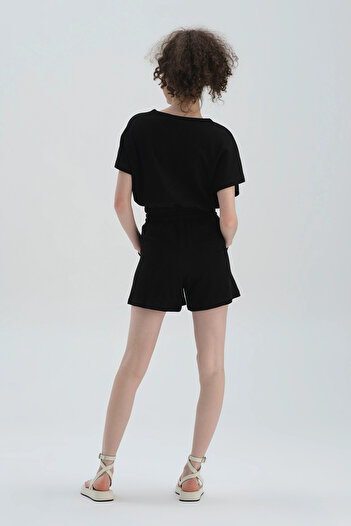 Dagi Black Crew Neck Cotton Crop T-Shirt