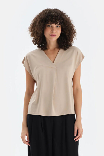 Dagi Stone V-Neck Pleated Viscose T-Shirt
