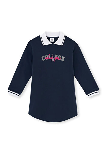 Dagi Navy Blue Polo Collar College Dress with Print Detail
