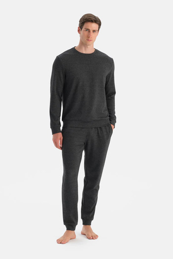 Eros Anthracite Melange Long Sleeve Crew Neck T-Shirt Pants Set