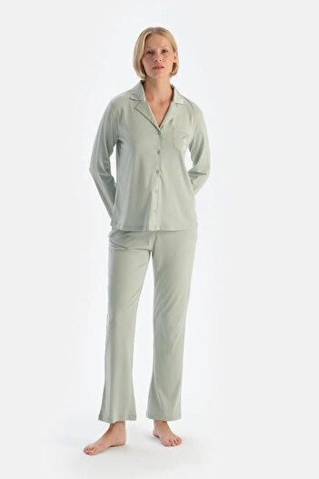 Dagi Satin Textured Mint Green Shirt and Pants Pajama Set