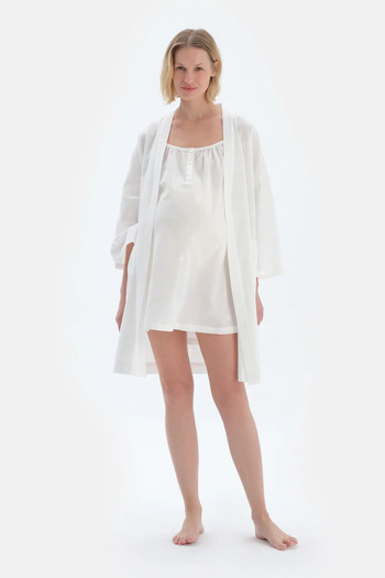 Dagi White Long Sleeve Poplin Woven Maternity Dressing Gown