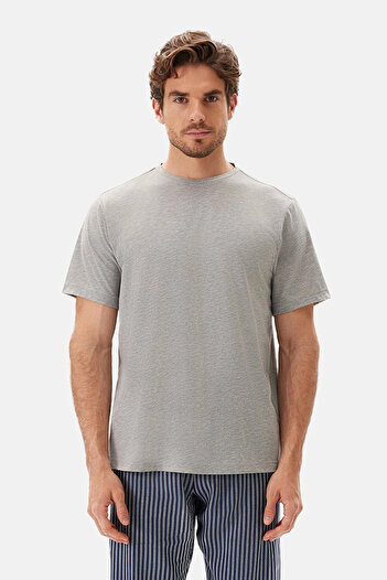 Dagi White-Grey Melange Crew Neck Short Sleeve Double T-Shirt