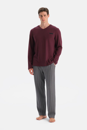 Eros Burgundy Long Sleeve V-Neck T-Shirt Pants Set
