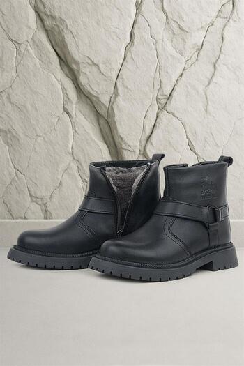Rakerplus Genuine Leather Black Zippered Children's Boots with Real Fur