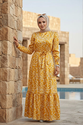 Neva Style Patterned Black Mustard Hijab Dress 3430Hr
