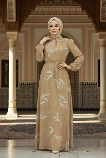 Neva Style Leaf Patterned Biscuit Hijab Dress 279315 Bs