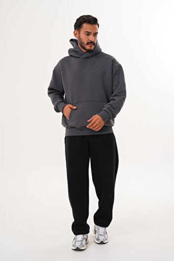 BigBrossBoutique Men's Smoked 3 Thread Basic Oversize Kangaroo Pocket Hooded Sweatshirt