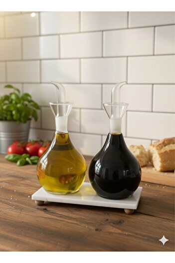 Reoona Borosilicate Chubby Flat Glass Oil Bottle with Marble Stand Set of 2 900 Ml+900 ml