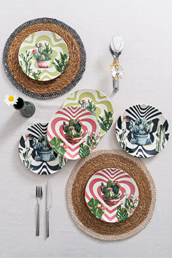 RUBİ PORSELEN Set of 6 Cactus Patterned Cake Plates 20 cm - Breakfast and Dessert Serving Plates