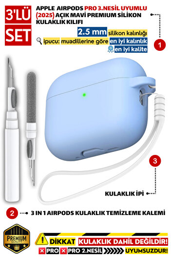 EWEC Pro 3.Nesil Uyumlu Açık Mavi Premium Silikon Kılıf, Kulaklık İpi, 3'ü 1 Arada Temizleme Kalemi Seti