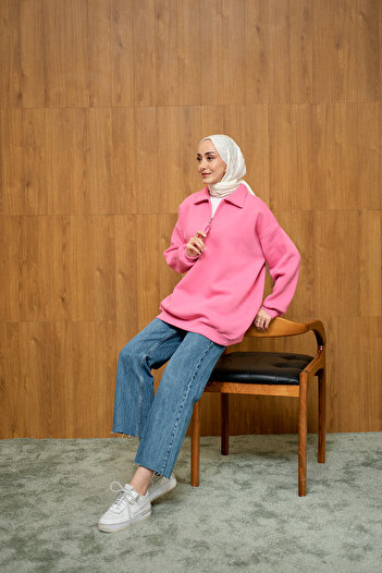 LOCCO Kadın Yarım Fermuar Detay Sweat Pembe
