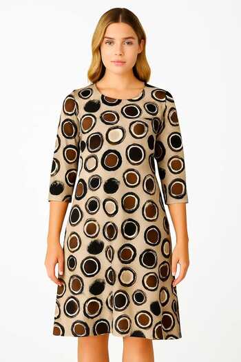 Şans Women's Plus Size Mink, Crew Neck, Three Quarter Sleeve Viscose Midi Dress 65N39157