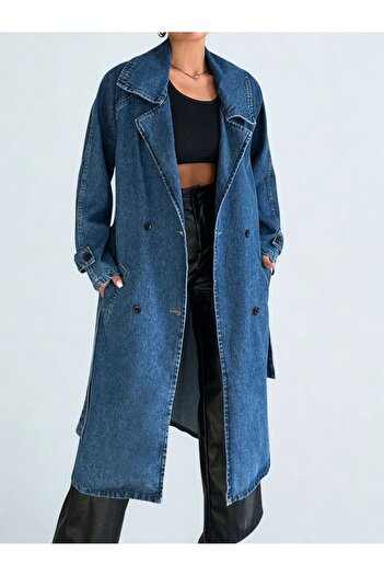 Polo State Kadın Kruvaze Yaka Denim Trençkot Mavi
