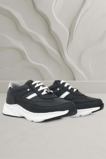 Rakerplus Genuine Leather Black and White Metal Detailed Lace up Girls' Sports Shoes