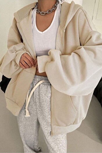 Know Women's 3 Thread Beige Hood Detail Zippered Cardigan