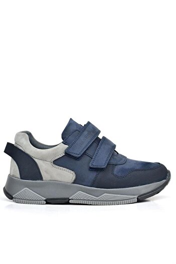 Rakerplus Navy Blue Genuine Leather Kids Sneakers - Velcro Gray Sole Sports Shoes
