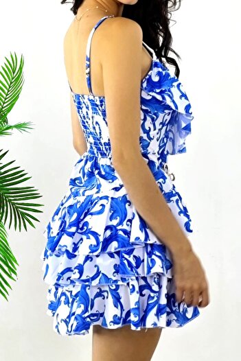 FashionForYou Rochie scurtă AUGUStina, babydoll, cu volane și imprimeu regal, Alb/Albastru