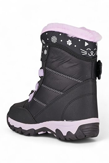 İmerShoes Günlük Kız Çocuk Siyah Kar Botu Cırtlı Bağcıklı Kürklü Desenli Kalın Tırtıklı Taban Bootie 014
