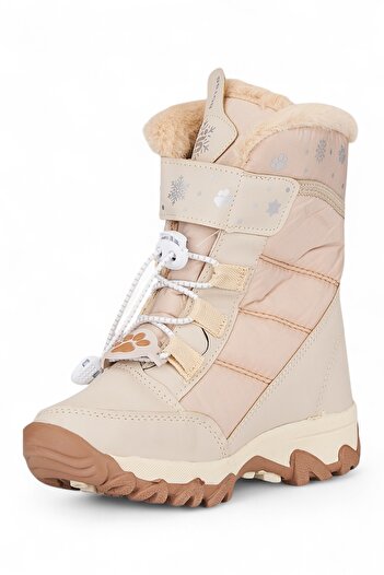 İmerShoes Günlük Kız Çocuk Bej Kar Botu Cırtlı Lastik Bağcıklı Kürklü Desenli Kalın Tırtıklı Taban Bootie 014