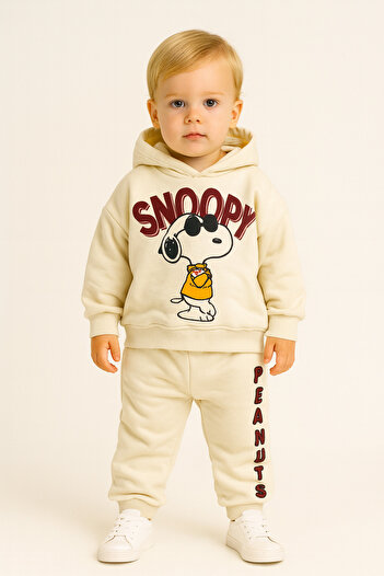 minibambi Snoopy Peanuts Printed Children's Tracksuit Set - Hooded, Ecru