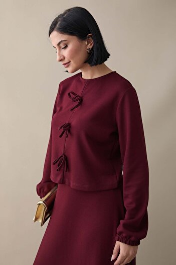 InStyle Modal Ribbon Detail Skirted Burgundy Suit