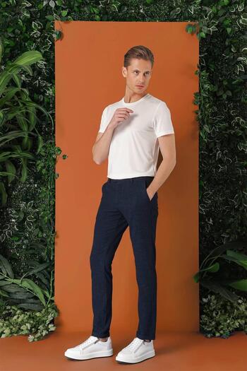 Efor Comfort Fit Beli Lastikli Pötikareli Casual Lacivert Pantolon P 1149