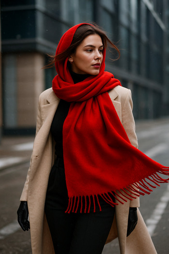 Luminos Butik Red Tassel Scarf – Shawl and Wide Construction, Ideal for Cold Weather Sal1296