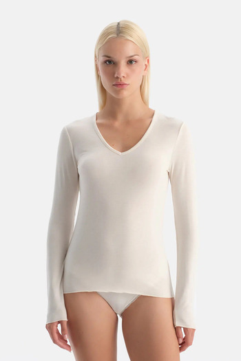 Eros Ecru Modal Cashmere V-Neck Long Sleeve Top