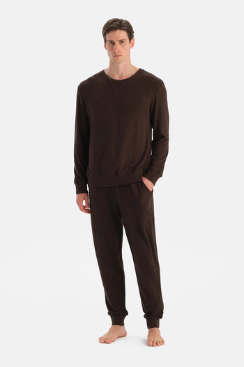 Eros Dark Brown Stitching and Tape Detail Long Sleeve T-Shirt Pants Pajama Set