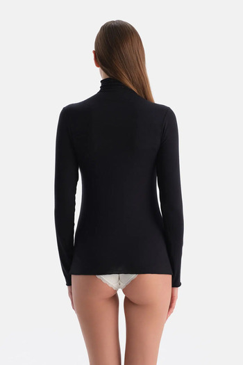 Eros Black Modal Cashmere High Neck Long Sleeve Top