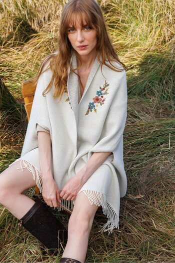 Desen Triko Women's Embroidered Collar, Sleeve-Through, Large Wool Poncho, Bone