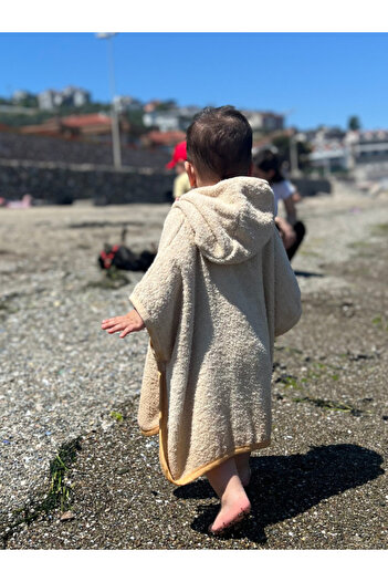 Damla Organik %100 Pamuk Kapşonlu Plaj Çocuk Bebek Panço Bornoz Banyo Havlu Kapüşonlu