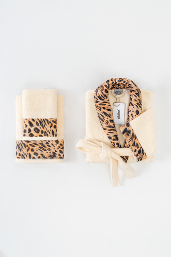 Ellaline Leopard Patterned Bathrobe Set 100% Cotton Certified, 3 Pieces, Cream Color