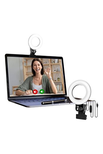 Timebox Inel luminos LED pentru videoconferințe, 3 culori și 5 niveluri de luminozitate, suport pentru monitor, alimentare prin USB