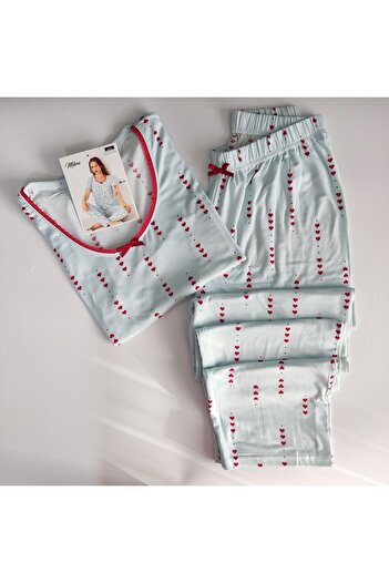 Mihra Kırmızı Küçük Kalpli Kadın Pijama Takımı