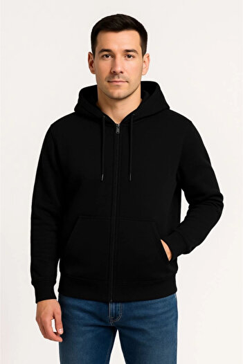 Aesco Men's Three Thread Hooded Full Zipper Kangaroo Pocket Sweatshirt Hoodie - Black