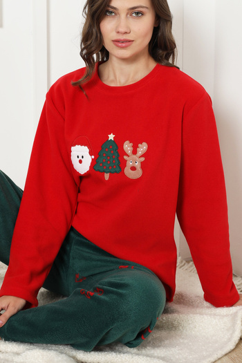 Siyah İnci Red Christmas Themed Embroidered Fleece Winter Knitted Pajama Set