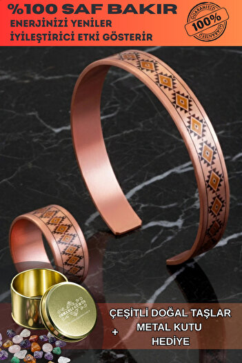 OSMANLI GÜMÜŞ Women's Copper Bracelet Ring Set - Lenka Model Special Edition Metal Box and Quartz Stone