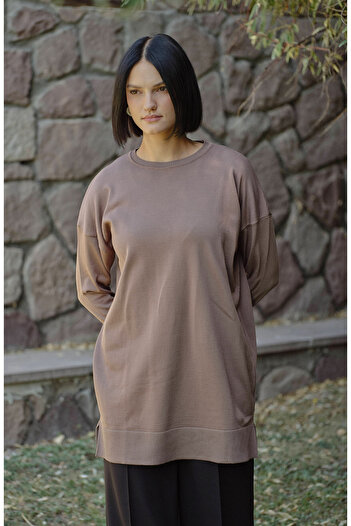 Fatma Atasoy Gold Buttoned Mocha Basic Mercerized Knitwear Sweater