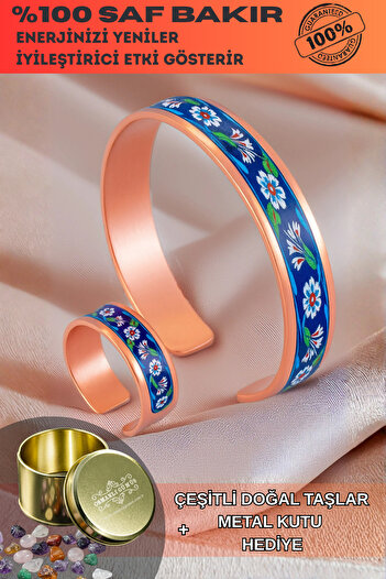 OSMANLI GÜMÜŞ Women's Copper Bracelet Ring Set - Sunflower Model Special Edition Metal Box and Quartz Stone